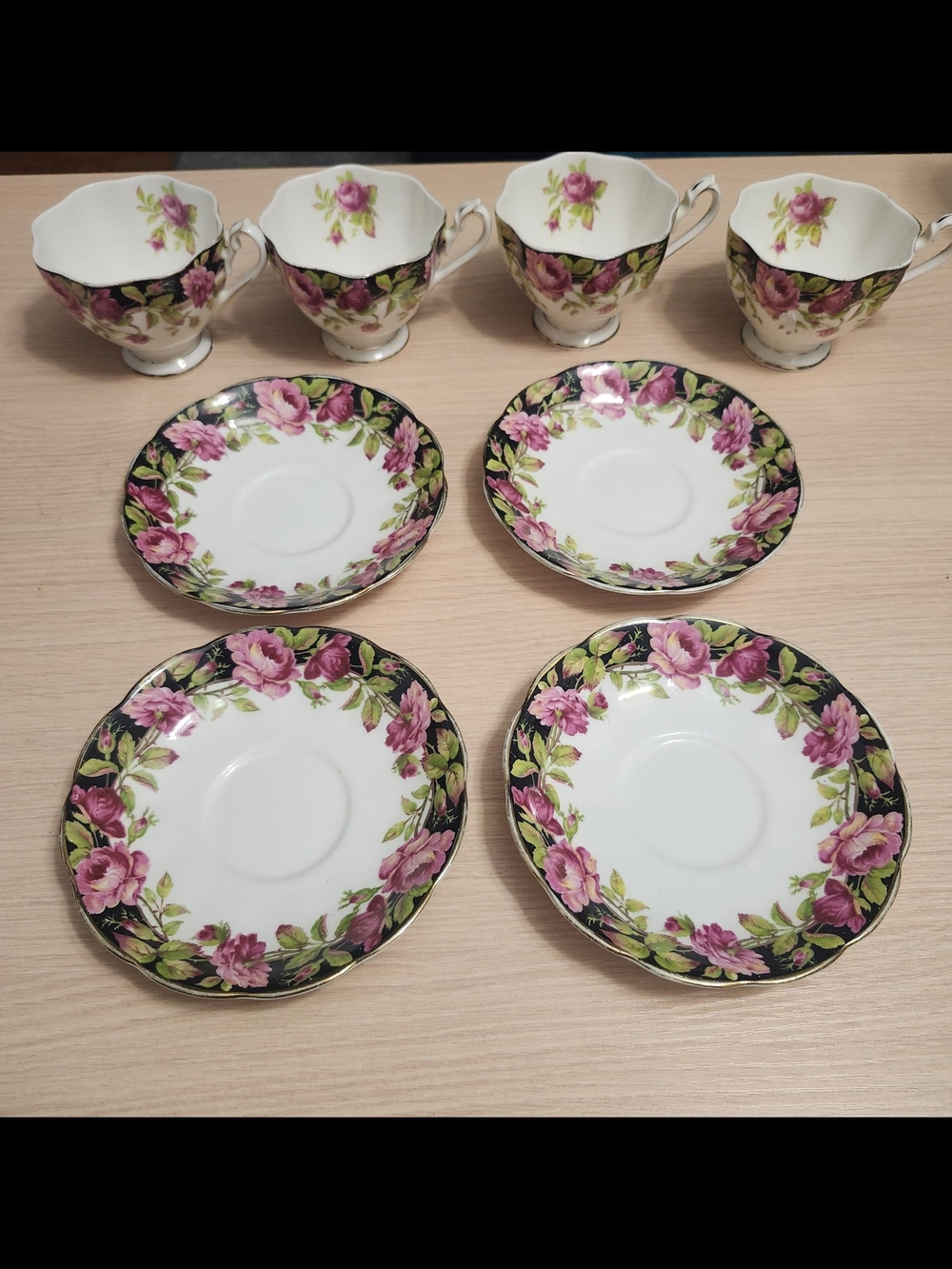 Vintage Set of  4 - Queen Anne “Black Magic” Fine Bone China Teacups & Saucers
